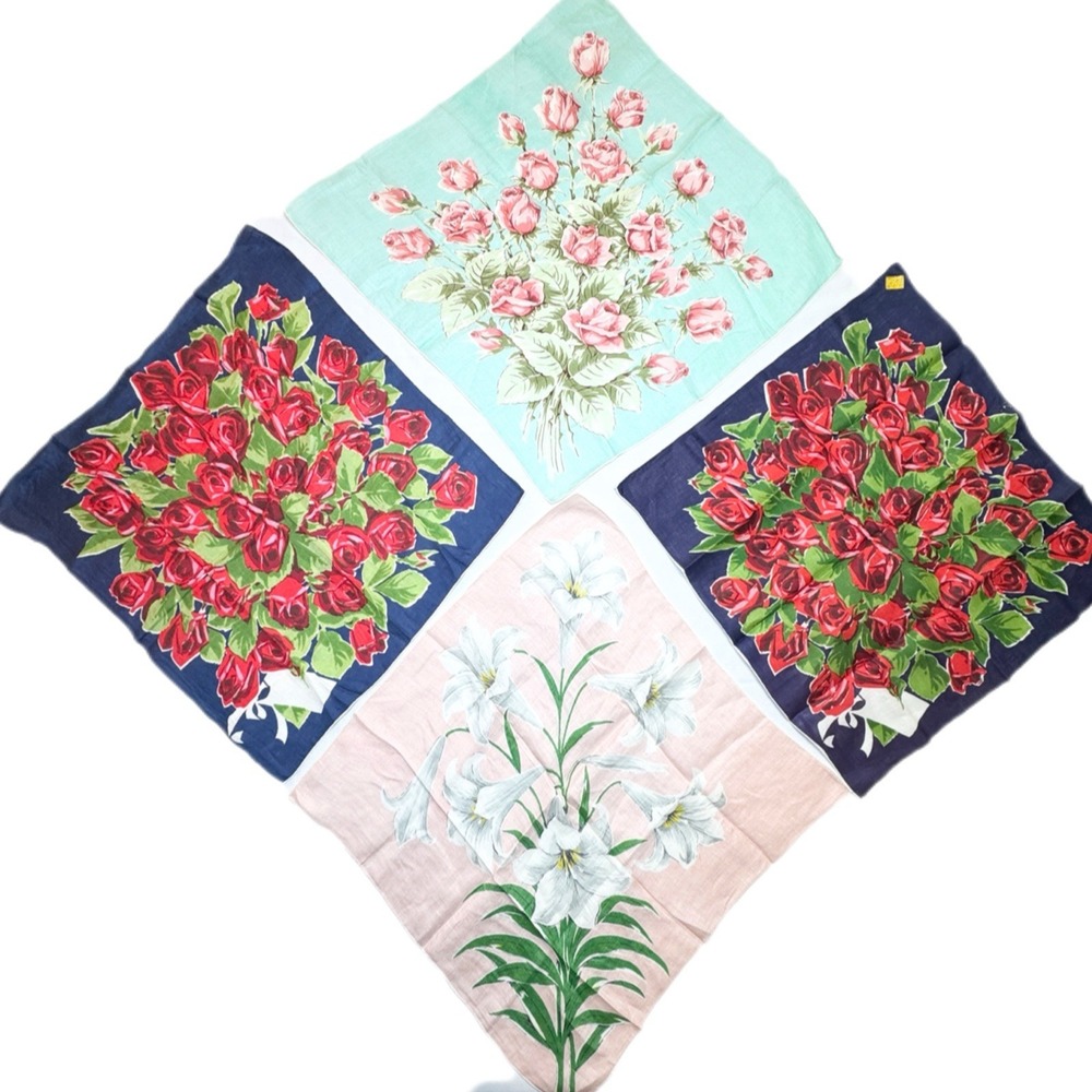 Vintage Floral Handkerchiefs Lot 4 Rose Bouquets Lilies Hankies Kimball
